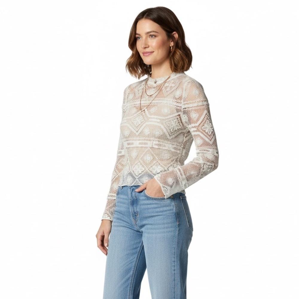 REBECCA TAYLOR Crochet Knit Long-Sleeve Top, Size 6